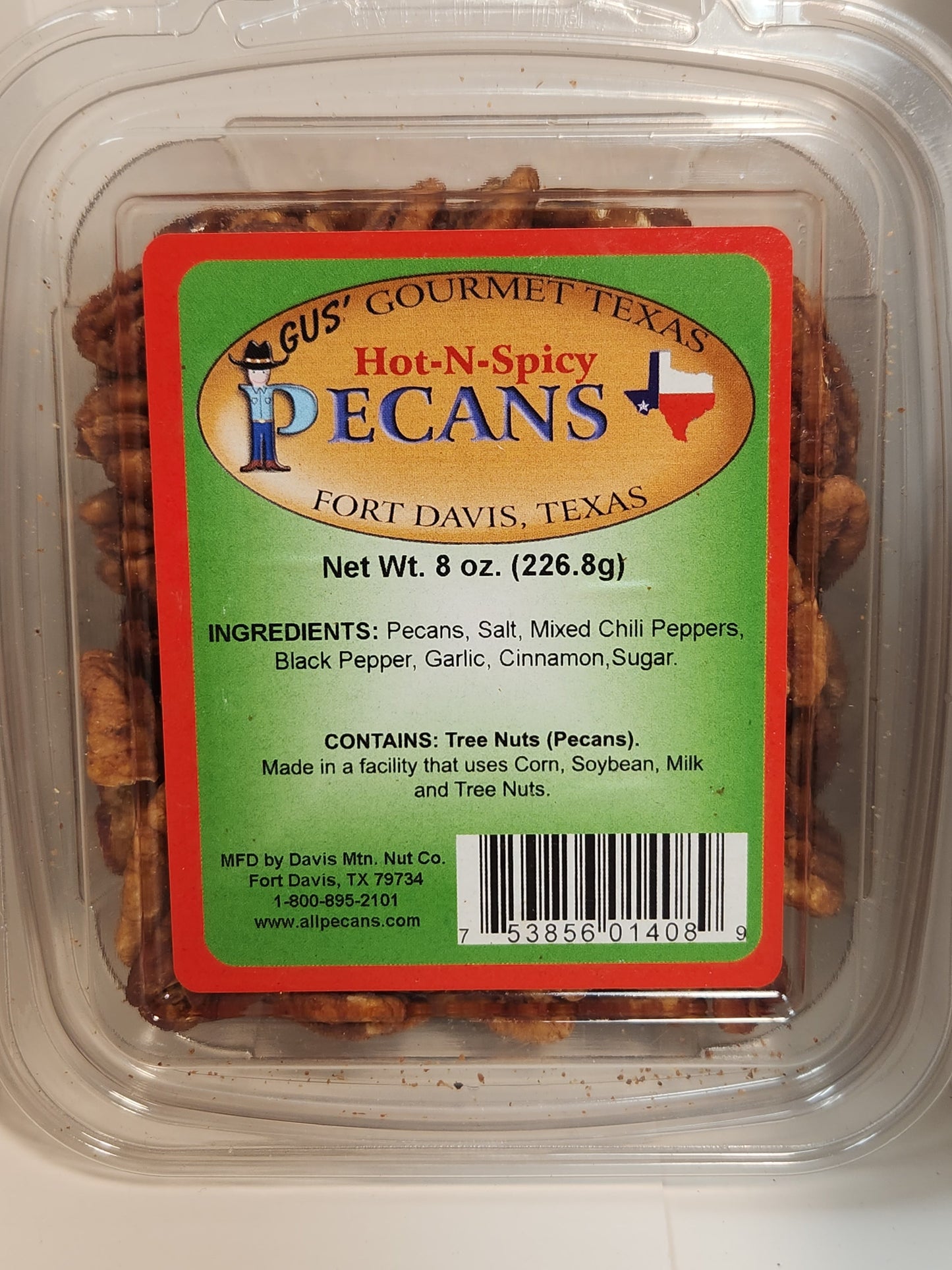 8 oz Hot-N-Spicy flavored pecans tub from Davis Mountains Nut Company