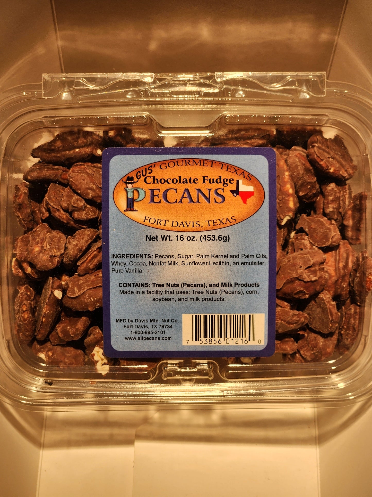 Chocolate Fudge flavored pecans tub from Davis Mountains Nut Company