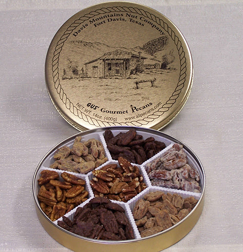 7-Flavor Flavored Pecans Tin (14oz) from Davis Mountains Nut Company