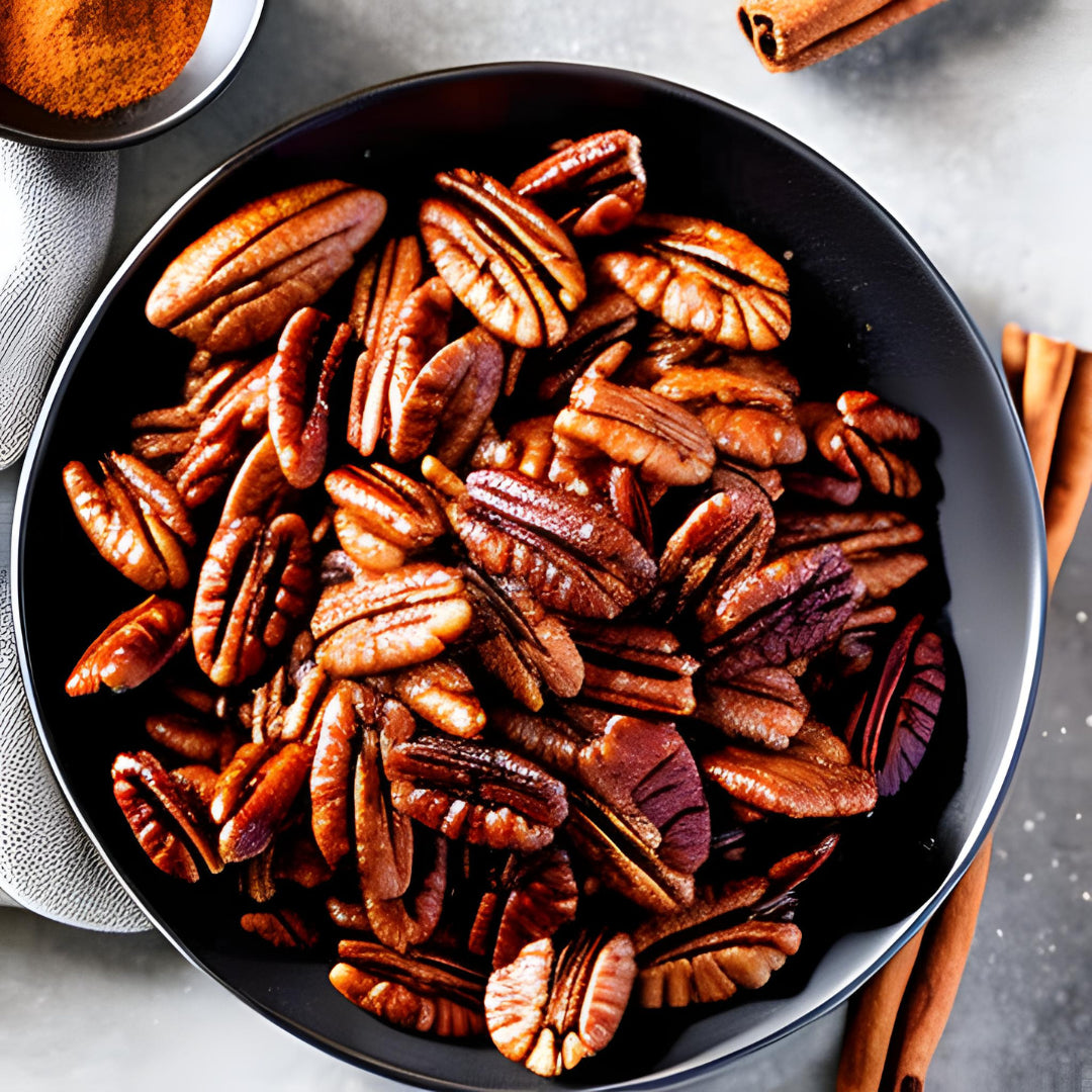 Cinnamon Glazed flavored pecans from Davis Mountains Nut Company in a bowl