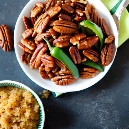 a bowl of spicy pecans with jalapenos