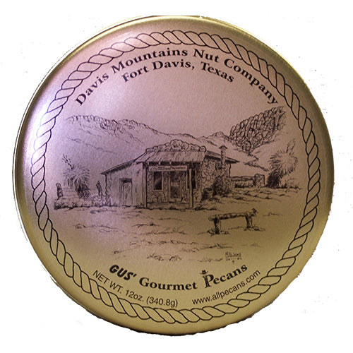 Two-pound tin of pecans with Davis Mountains Nut Company logo