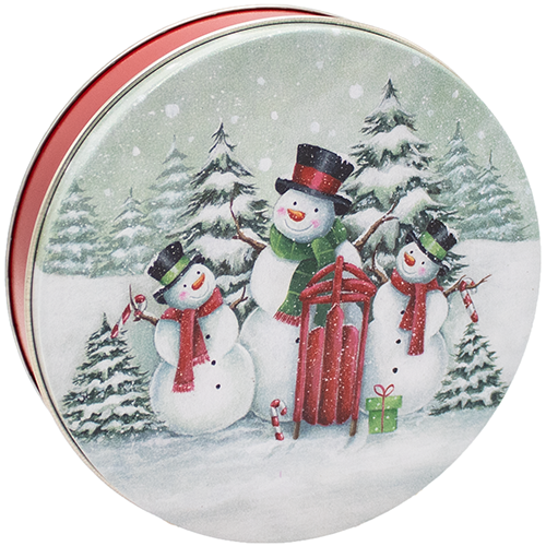 Two-pound tin of pecans with snowman artwork