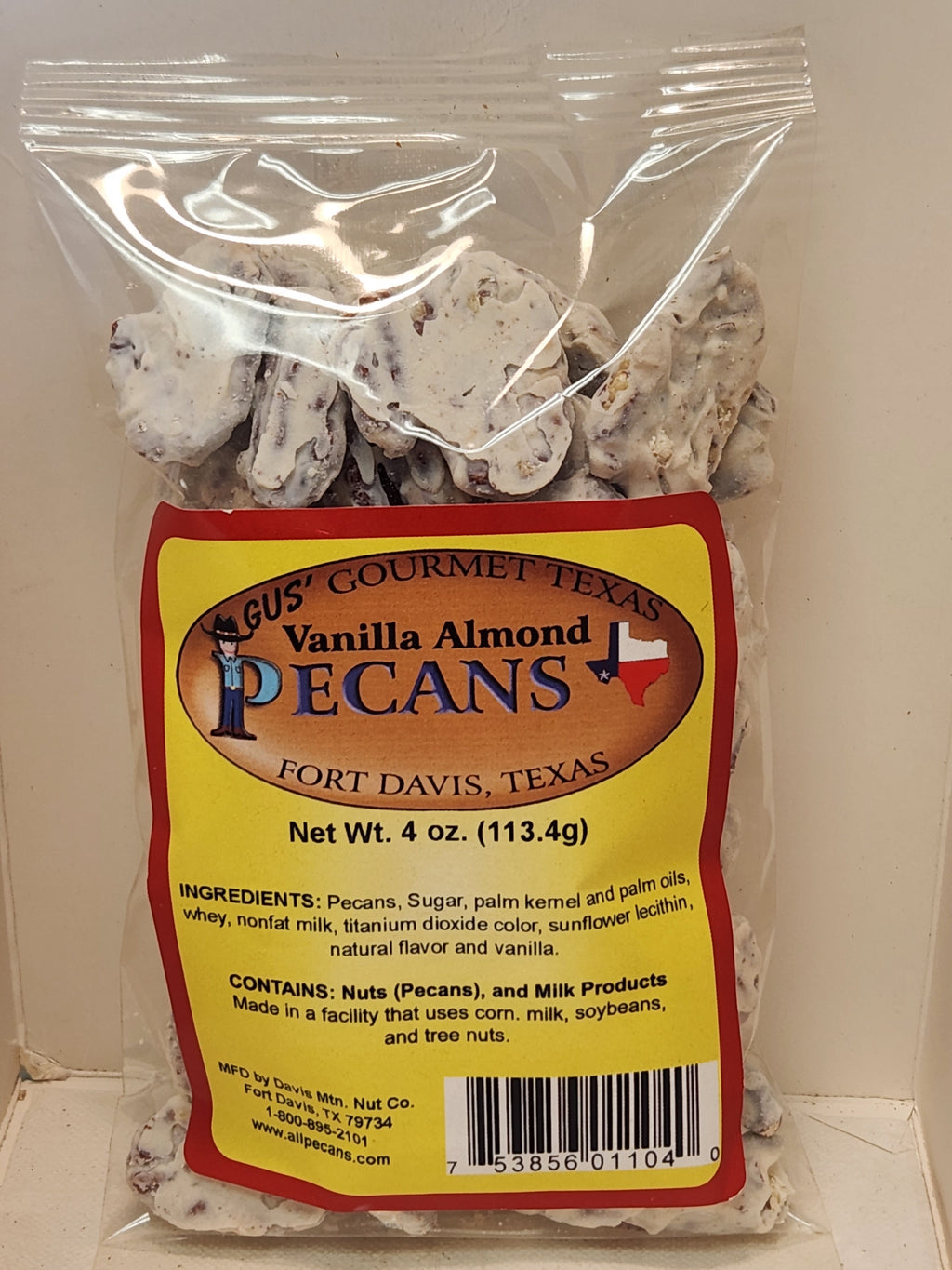 Vanilla Almond pecans 4 oz bag from Davis Mountains Nut Company