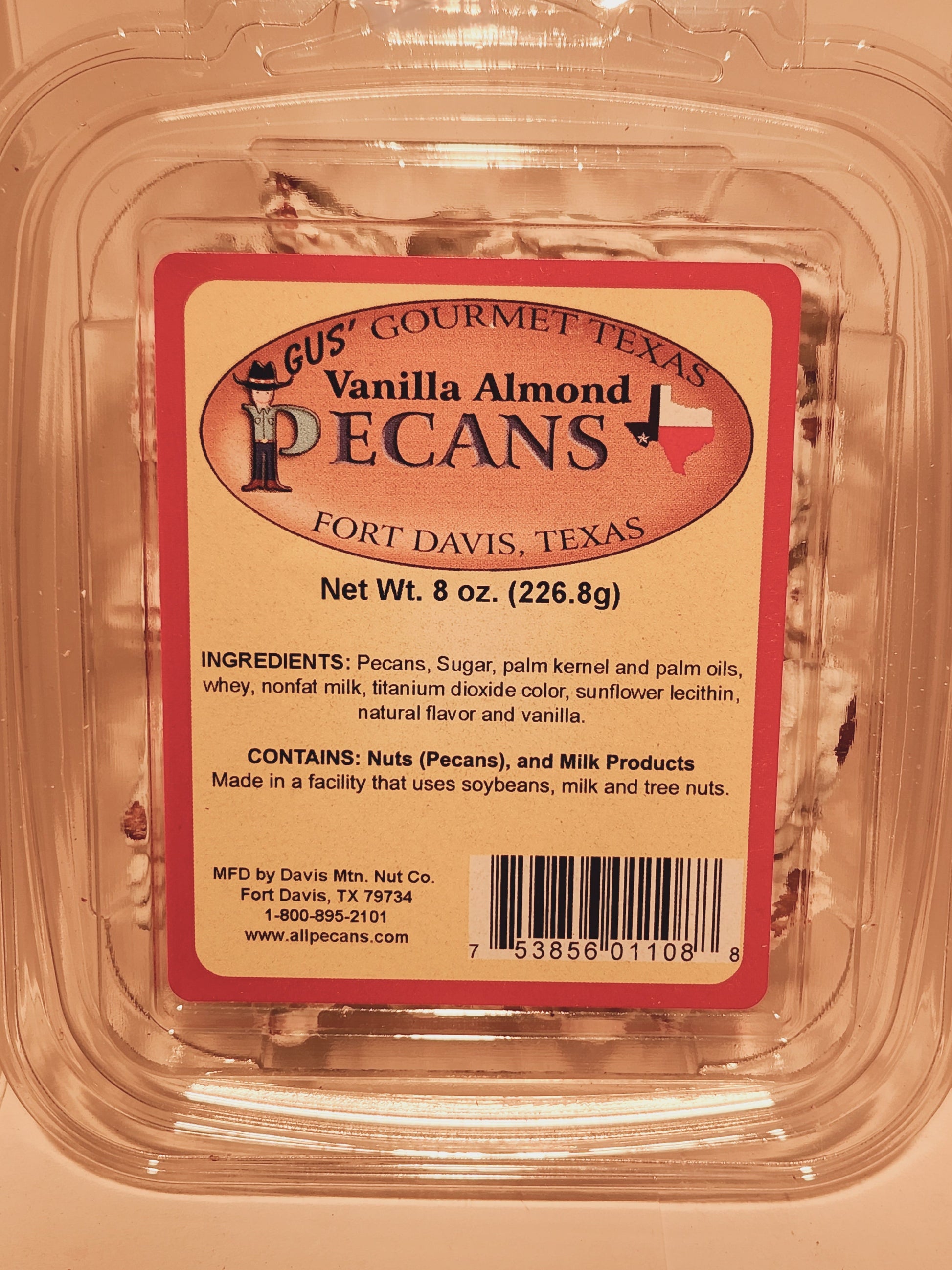 Vanilla Almond pecans 8 oz tub from Davis Mountains Nut Company