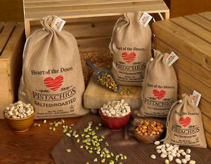 burlap bags of heart of the Desert pistachios from Davis Mountains Nut Company